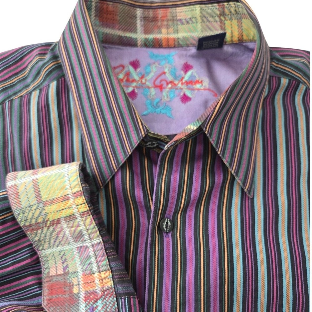 Robert Graham Stripe Cotton Silk Embroidered Flip Cuff‎ Button Up Shirt Sz 2XL
